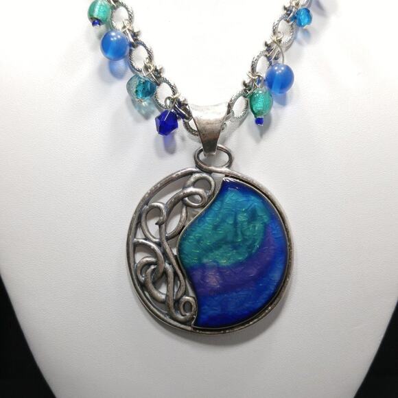 Chico’s Silver Tone Necklace Blue Teal Purple Pendant Iridescent Beads 20" - Picture 3 of 9